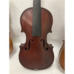 Four violins 1/8th size; half size with Nicolas Bertholini label; three-quarter size with Stradivarius copy label; and full size with Marquis De L'Air label (4)