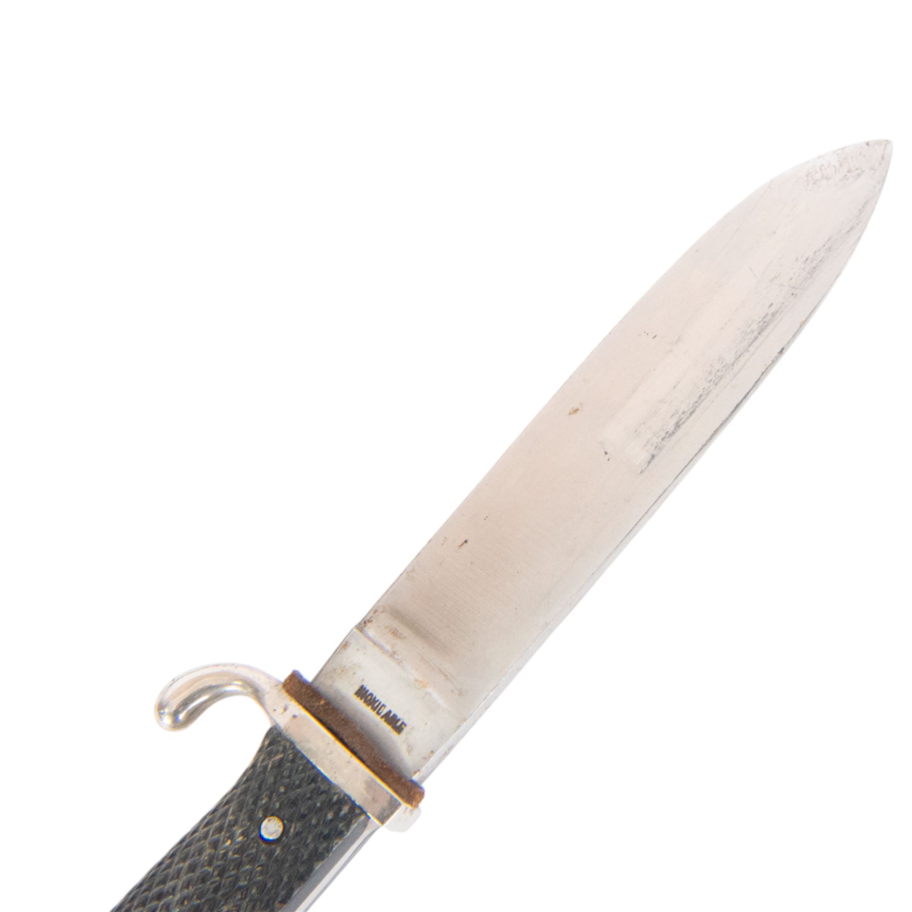 German Third Reich Hitler Youth style dagger, the 14cm blade with indistinct mark to the riccaso, with scabbard and leather, overall L25cm