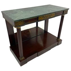 Late 19th century mahogany console or pier table, rectangular green marble top over a break-front frieze inlaid with brass scroll work panels, reed and ribbon gilt metal and wooden beaded applied mouldings, on turned and fluted front supports, plain mirror back over plinth platform base