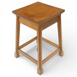 Mouseman - square lightly adzed oak lamp table, with memorial inscription, from Clifton Methodist Church, on octagonal supports with carved mouse by the workshop of Robert 'Mouseman' Thompson