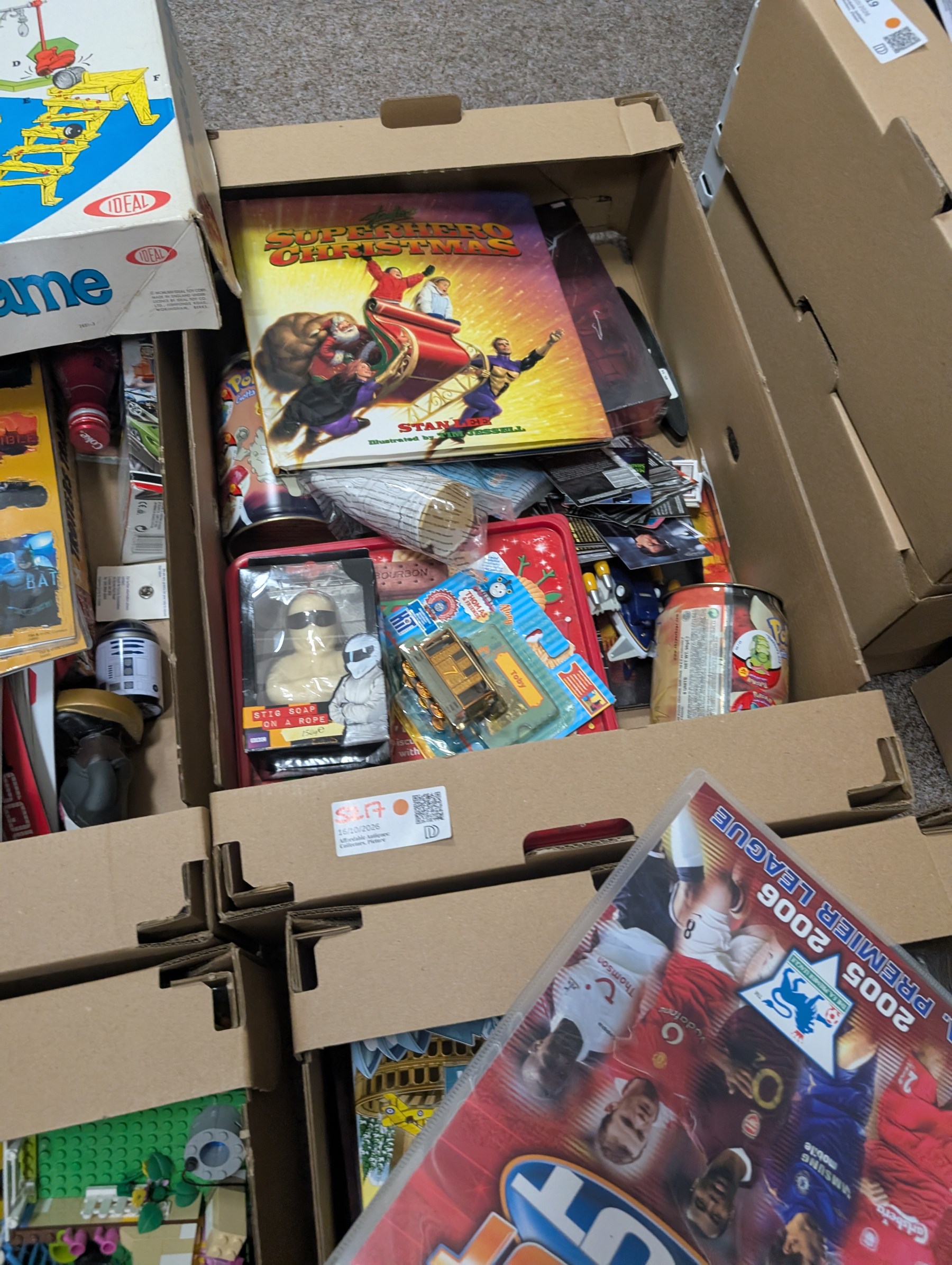 Collection of toys, including Lego Friends, soft toys, football trading cards, etc, in boxes