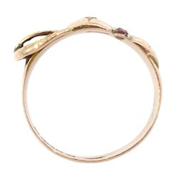 Early 20th century 9ct rose gold rose cut diamond and garnet buckle ring, Chester 1911