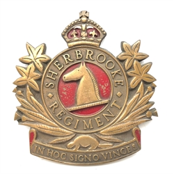  Canadian Sherbrooke Regiment case brass Guard Room badge, with Kings Crown cresting and red painted detail, H35cm, W33cm  
