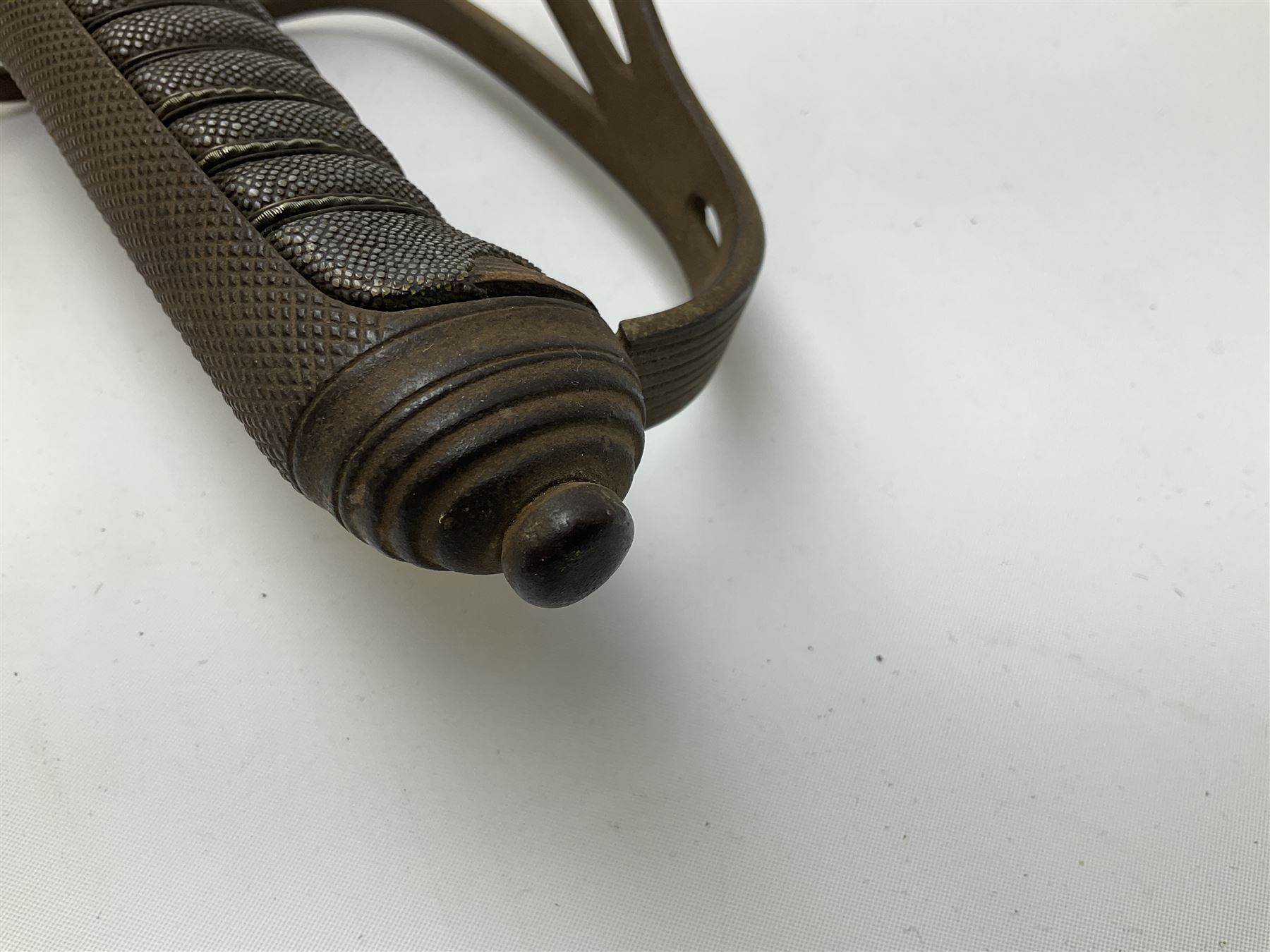 Victorian artillery officer's sword, the 90cm fullered steel blade by E. Thurkle Denmark Street Soho London decorated with Victoria cypher, Regimental crest and 'Royal Artillery', three-bar hilt with stepped pommel and wire-bound fish skin grip; in leather covered scabbard L107cm overall