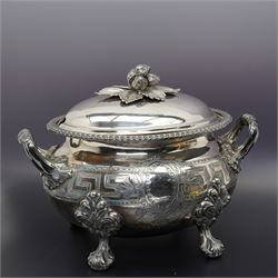 Pair of Georgian design plated candlesticks on square bases H26cm, plated hot water dish, the cover with deer lift and a plated two handled tureen with associated cover