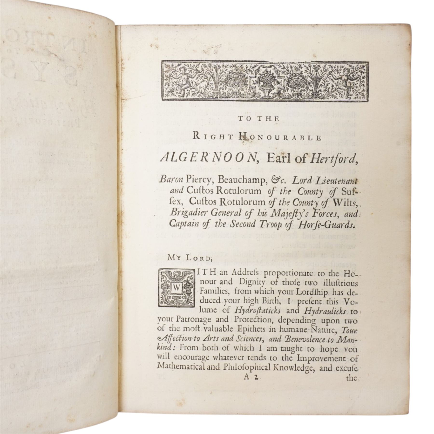  Gardens.- Switzer, Stephen 'An Introduction to a General System of Hydrostaticks and Hydraulicks, Philosophical and Practical' two volumes bound as one, nine folding plates and engraved frontispiece, printed for T Astley et al 1729, bookplate of Henry & Elizabeth Goodwyn in full calf
