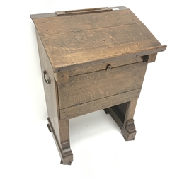 Vintage oak school desk, hinged lid, single fall front, solid end supports, W54cm, H80cm, D41cm