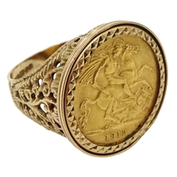  1912 half gold sovereign, loose mounted in 9ct gold ring hallmarked  