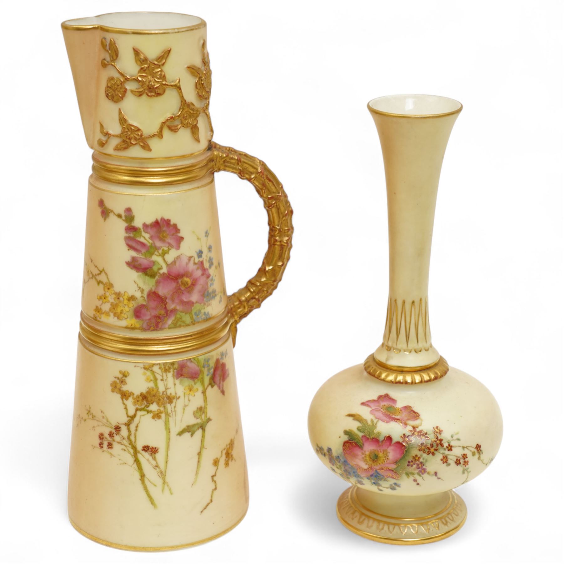 Collection of Royal Worcester blush ivory porcelain, to include three twin handled bulbous vases of graduating sizes, covered and pierced potpourri box, etc, tallest H24cm (11)