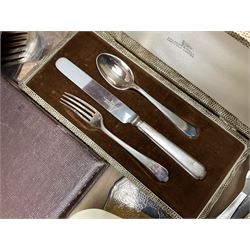 Set of four hallmarked silver teaspoons modelled on spoons from the Roman Imperial period, silver fork, and quantity of silver plated and other cutlery to include Walker & Hall, in two boxes
