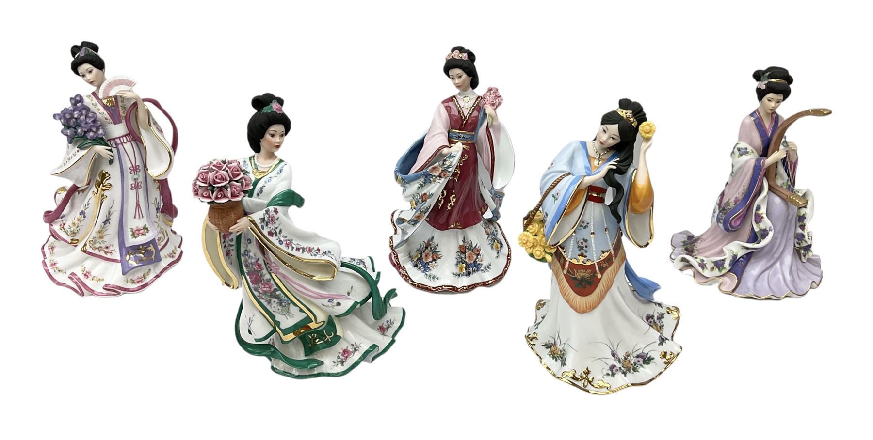Five Danbury Mint Princess figures by Lena Liu, comprising Harp Princess, Plum Blossom Princess, Chrysanthemum Princess, Rose Princess and Iris Princess, one with certificate, all with marks beneath