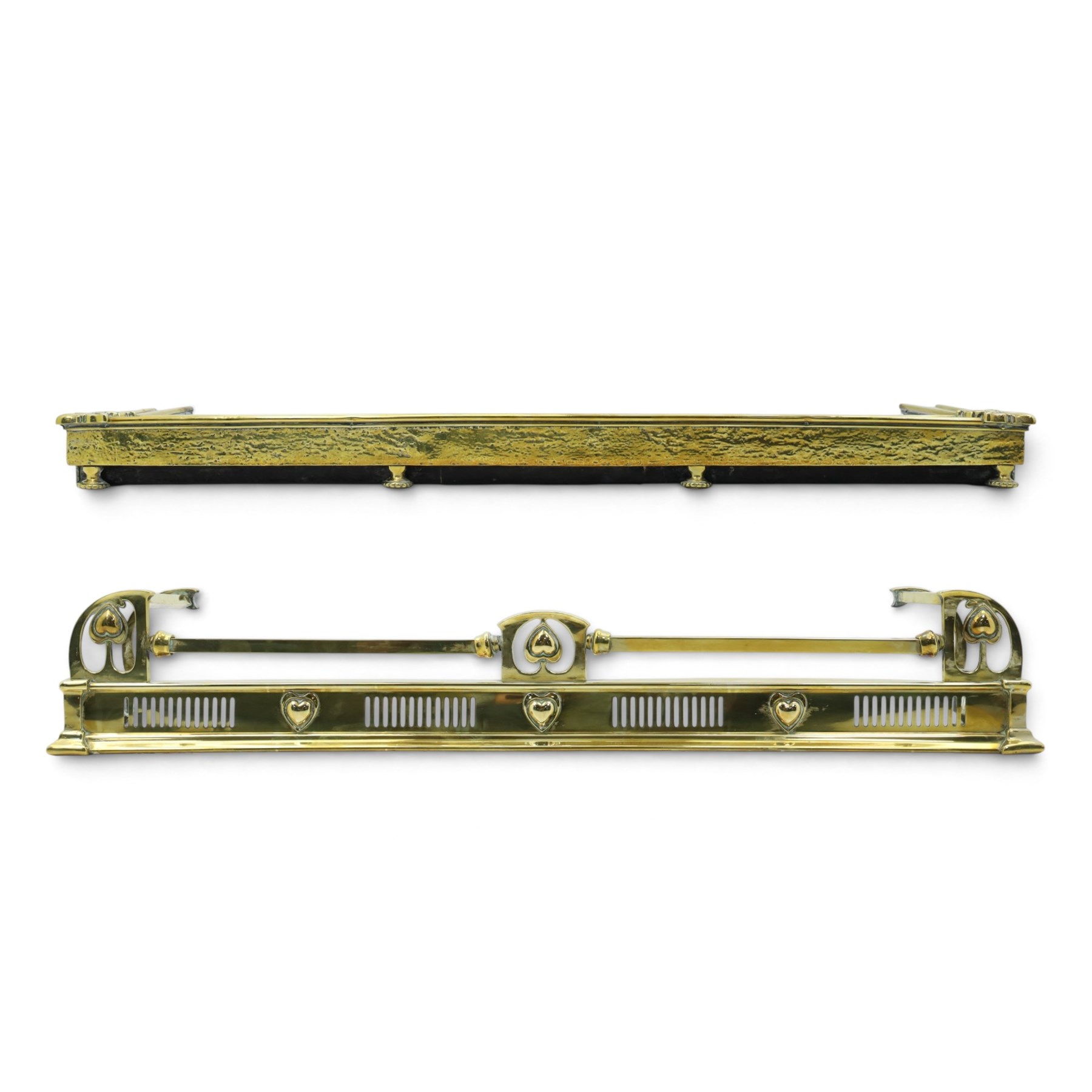 Two Edwardian brass fire curbs, comprising a decorative example with pierced vertical frieze, applied Tulips (H 21cm, W 126cm, D 32cm), together with a hammered moulded example with acanthus corners (H 12cm, W 138cm, D 37cm)