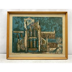 Norman Wade (British 20th century): 'Hexham Abbey', screen print signed titled numbered 5/70 and dated '69 in pencil 44cm x 60cm