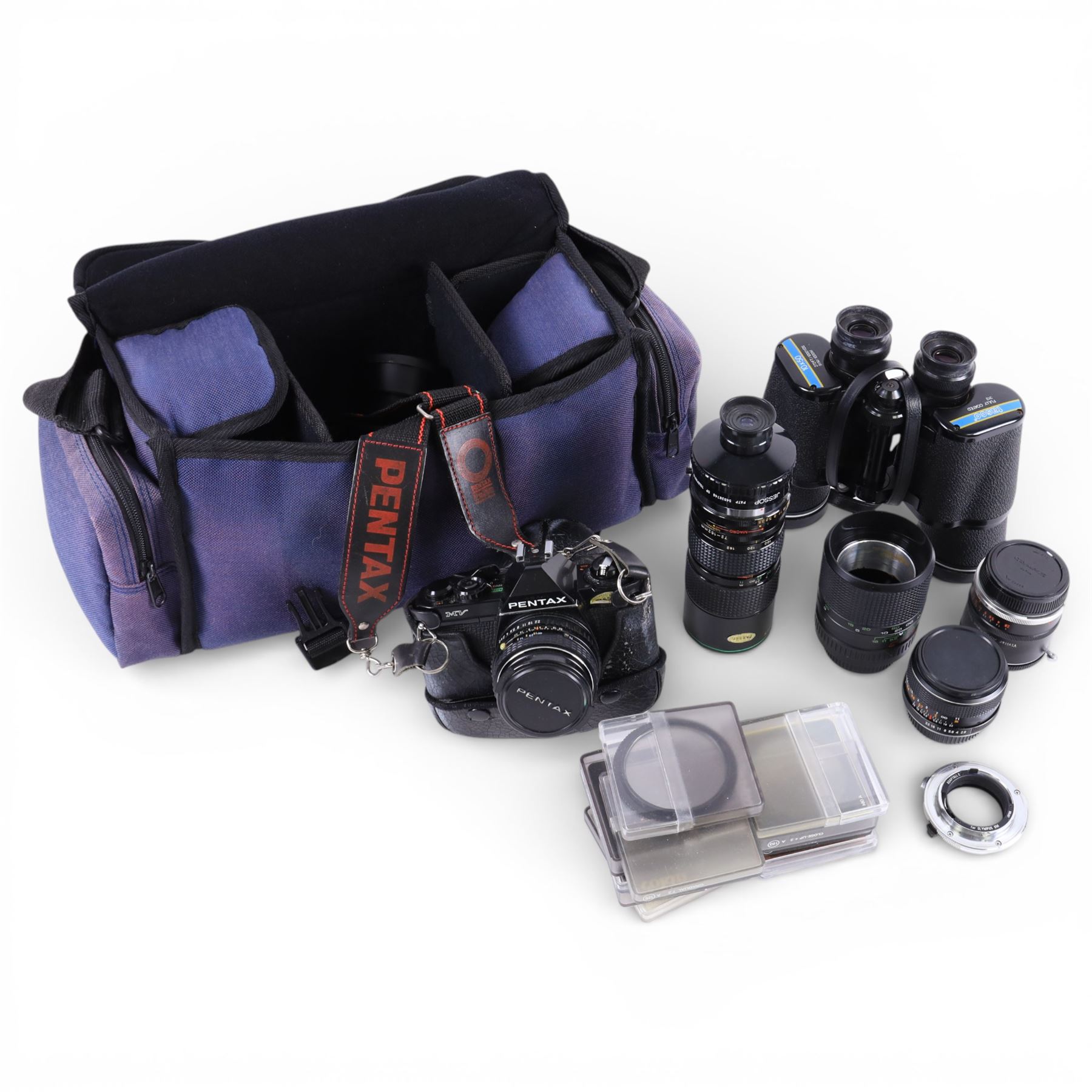Pair of Tasco 10x50 binoculars, Pentax MV camera, four camera lenses and accessories