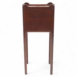 Georgian mahogany bedside cabinet of slender proportions, rectangular galleried top above a panelled cupboard door on square tapered legs 