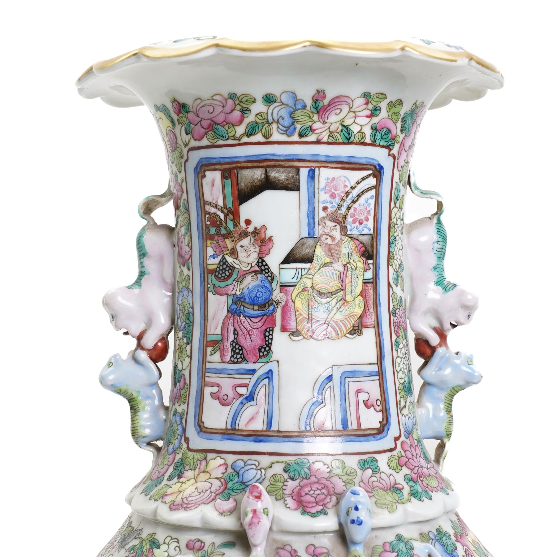 Large pair of 19th century Cantonese famille rose vases, each painted with various courtly scenes, including a display of warriors fighting on horseback before an official and his attendants, double Buddhist lion handles and applied at the shoulders with chilong, the lower band painted with Greek key motif, H58cm (2)