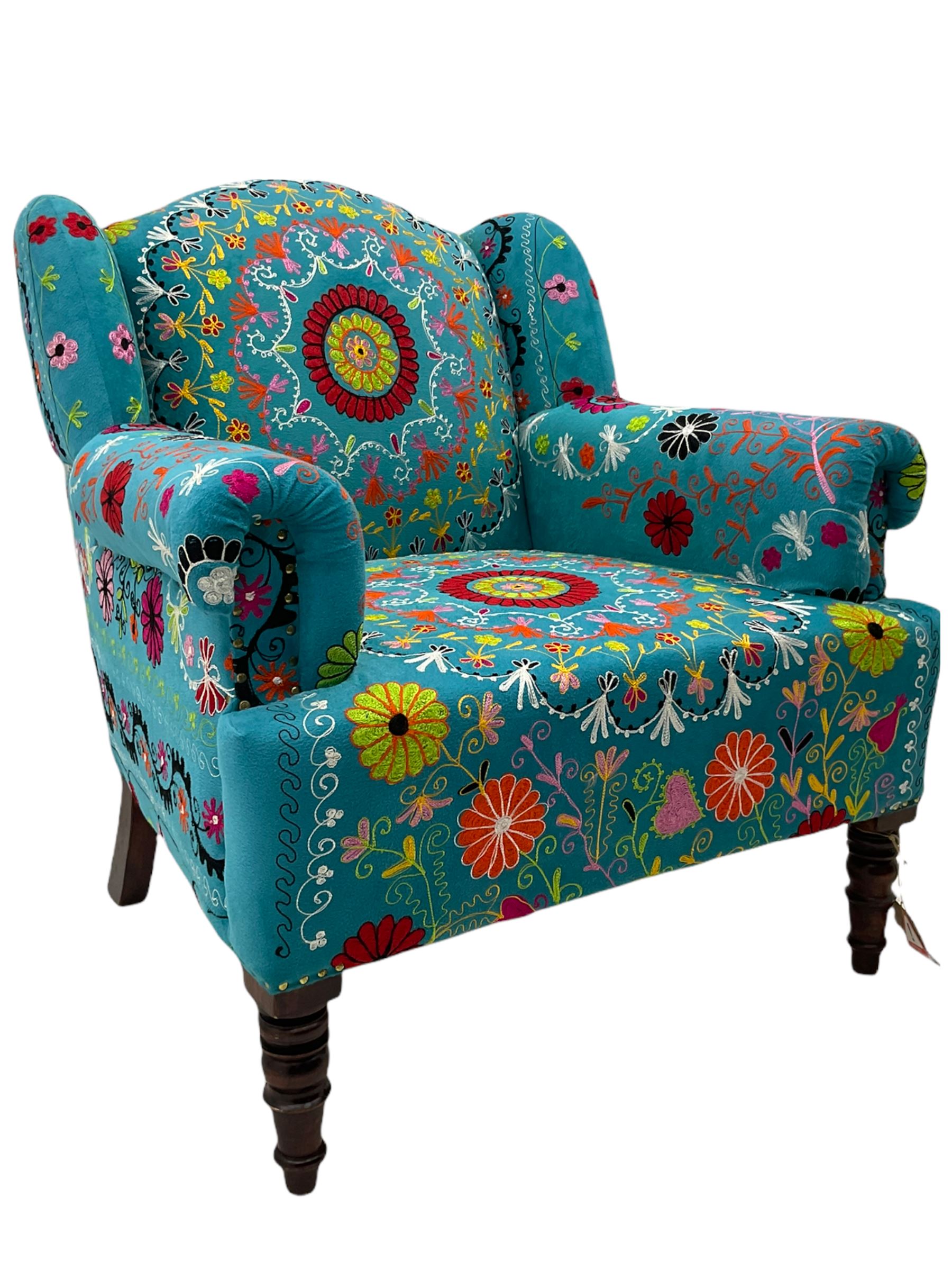 Myakka Victorian style club armchair, upholstered in crazy daisy turquoise fabric 