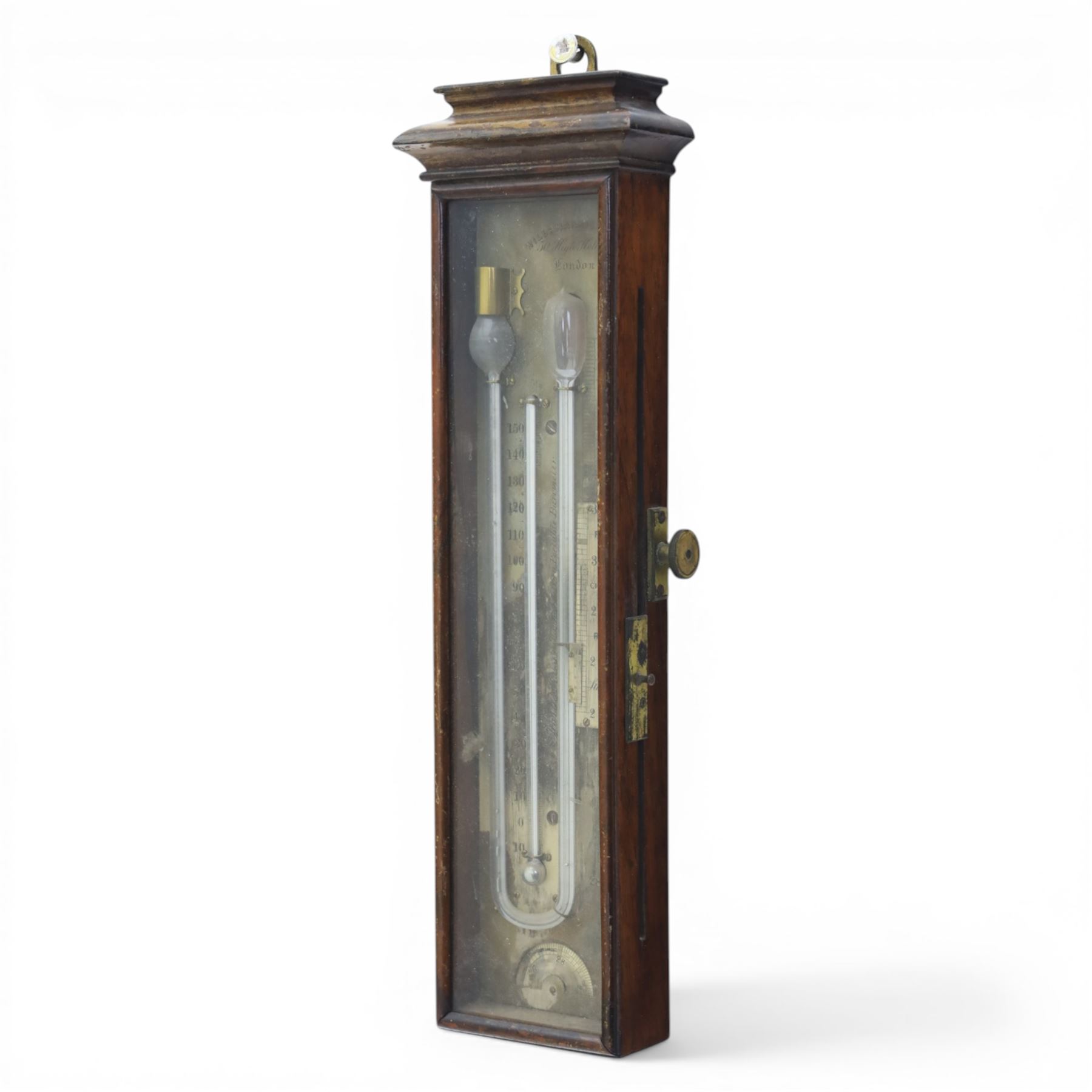 William Harris and Son, London - rare mid 19th century rosewood Patent Compensating Portable Barometer no. 283, rectangular silvered scale and U-shaped mercury tube terminating with a glass cistern and bulb, the centre with mercury thermometer tube and Fahrenheit scale calibrated from minus 10 to 150, the silvered plate engraved 'Harris's Patent Compensating Portable Barometer' and 'William Harris & Son 50 High Holborn London' and serial number '283', side fitted with rackwork vernier scale annotated for barometric inches with weather observations and angled steel pointer for recording temperature, vernier with an independent friction slide adjustment with external secondary brass side knob, bottom edge with recording disc engraved with barometric scale, 33cm high 7.5cm wide