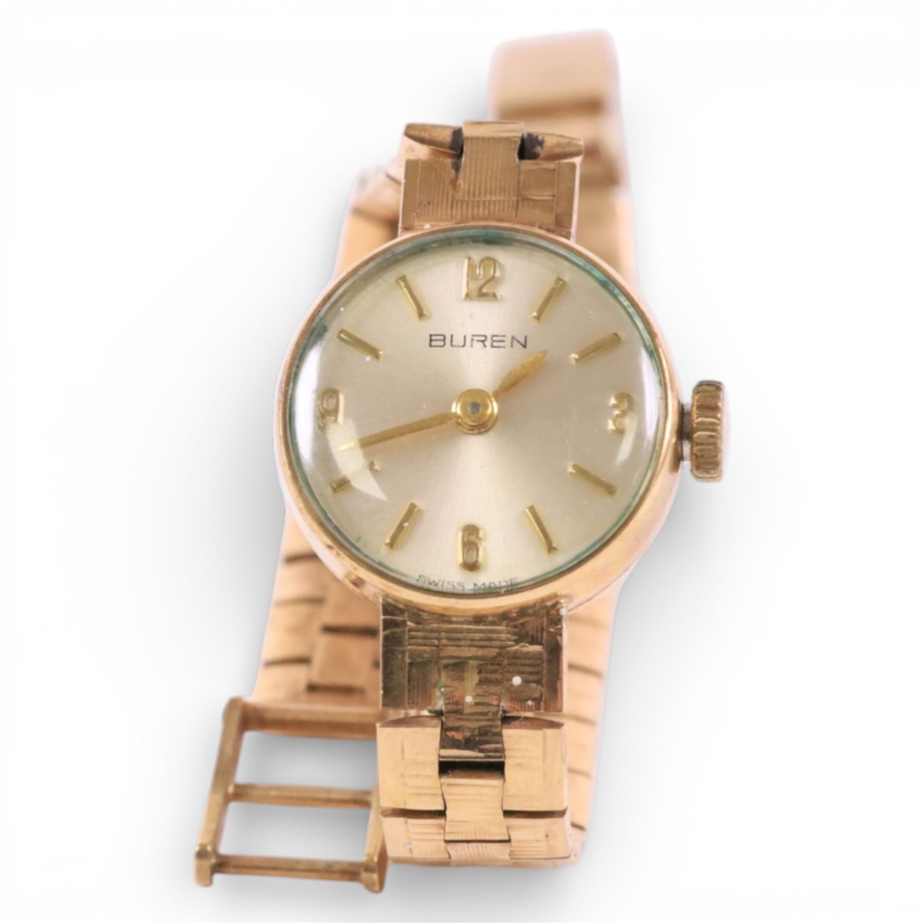 Buren ladies 9ct gold manual wind presentation wristwatch, on integral 9ct gold bracelet strap, hallmarked