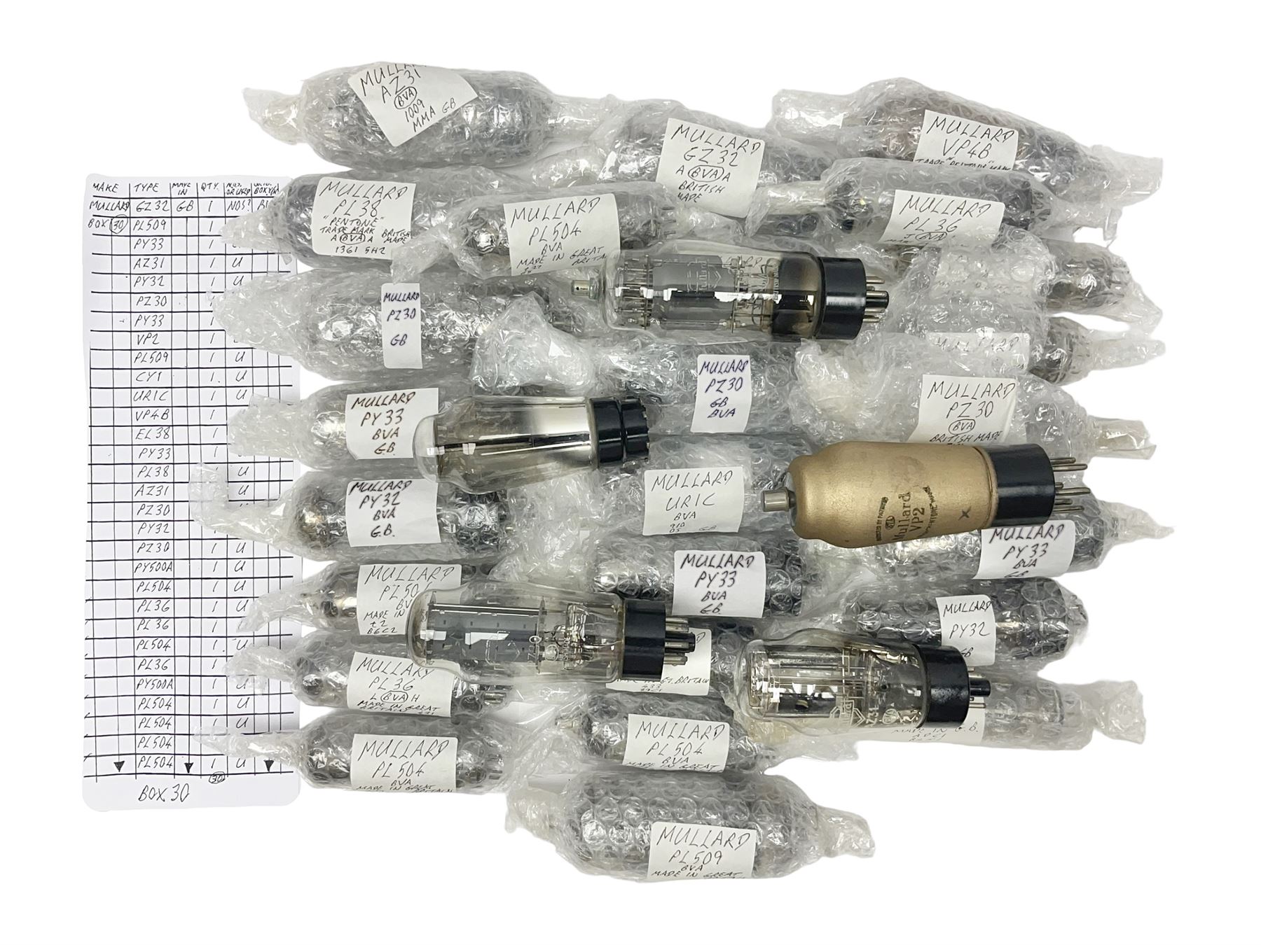 Collection of Mullard thermionic radio valves/vacuum tubes, including VP2, AZ31, PZ30, CY1, EL38 etc approximately 30 as per list, unboxed