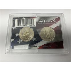 United States of America coinage, including 1876S half dollar (holed), various quarter dollars, 1986 one ounce fine silver dollar, 1988 uncirculated coin set etc