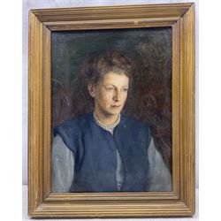 John Walton (British 1925- 2023): Portrait of a Lady with Pearl Necklace, oil on board signed and dated '50, possible corresponding photograph verso 40cm x 30cm 