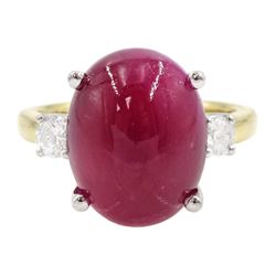 18ct gold three stone cabochon ruby and round brilliant cut diamond ring, hallmarked, ruby approx 11.40 carat