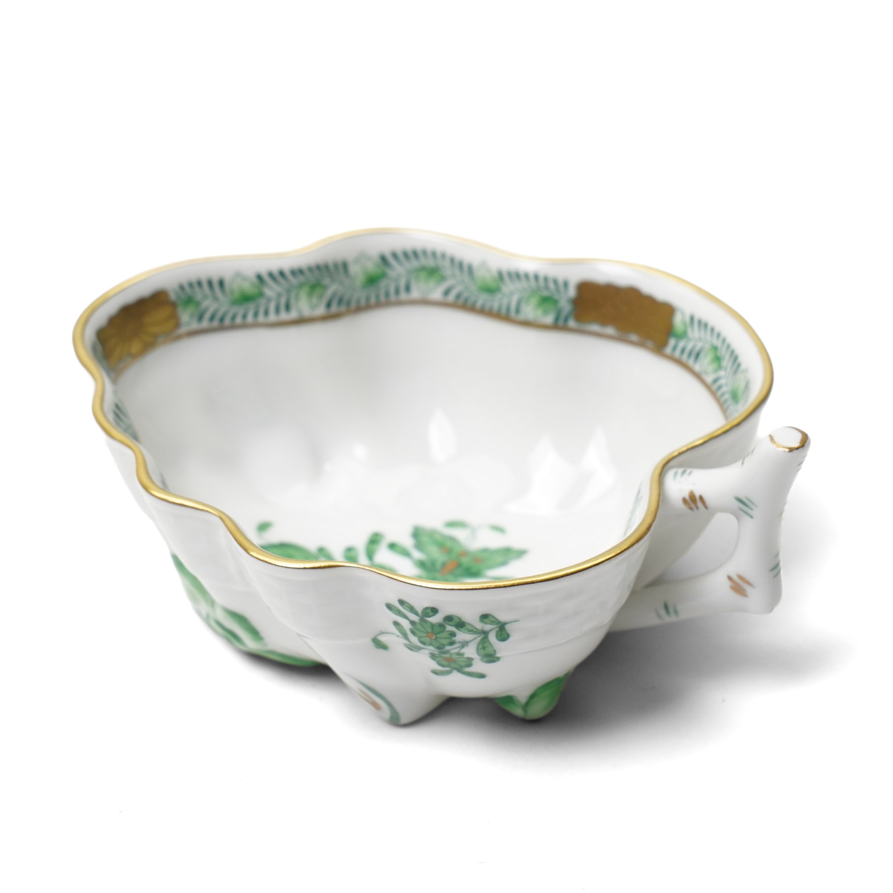 Herend porcelain Tete a Tete decorated in the green Chinese Bouquet pattern, comprising cabaret tray, two cups and saucers, tea pot, leaf shape bowl and milk jug