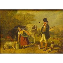  English School (19th century): The Milkmaid and Man with a Gun Dog, pair oils on board unsigned 12.5cm x 18cm (2)  