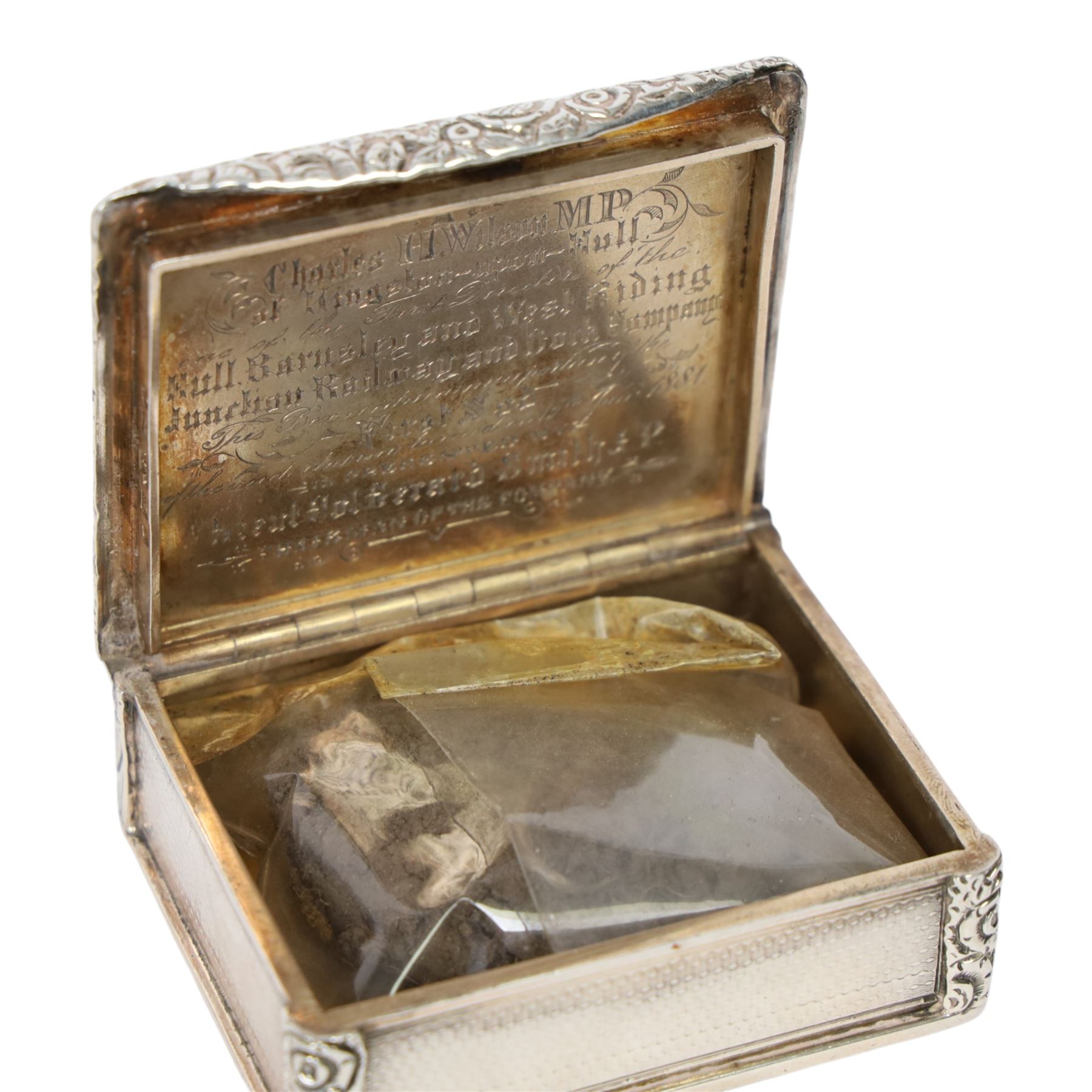 Rare Victorian silver provincial snuff box, of rounded rectangular form, the hinged cover with central engraved crest above motto 