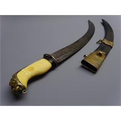  19th century Midshipman's dirk, 45cm curved blade with some original gilding, textured ivory grip with lions head pommel, original leather sheath with makers name Read & Co, Sword Cutlers, Portsm. L56cm   