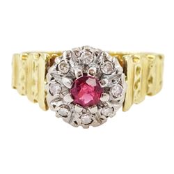 18ct gold round cut ruby and single cut diamond cluster ring, Sheffield 1975