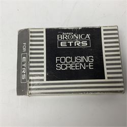 Zenza Bronica ETRS camera body, safari edition, serial no. 7100811, with 'Zenza Bronica Zenzanon EII 1:2.8 f=75mm' lens, serial no. 7908591, film magazine back, safari, serial no. 8100564, AE-ii metering head, safari, serial no. 617024, etc, all in leather case
