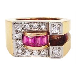 14ct rose gold and platinum calibre cut ruby and single cut diamond abstract design ring