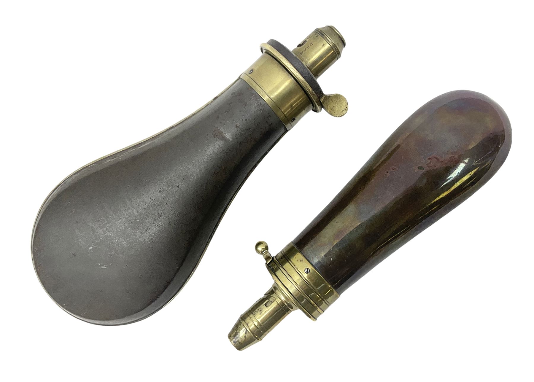 Two Sykes Patent brass mounted small load powder flasks with fire proof safety tops - one with slim plain copper body H17.5cm; the other with plain gun metal body H19cm (2)