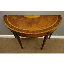  Pair Georgian style figured mahogany demi-lune side tables with wide rosewood and satinwood crossbanding, square tapering supports with spade feet, top inlaid with half fan, W144cm, H80cm, D49cm  