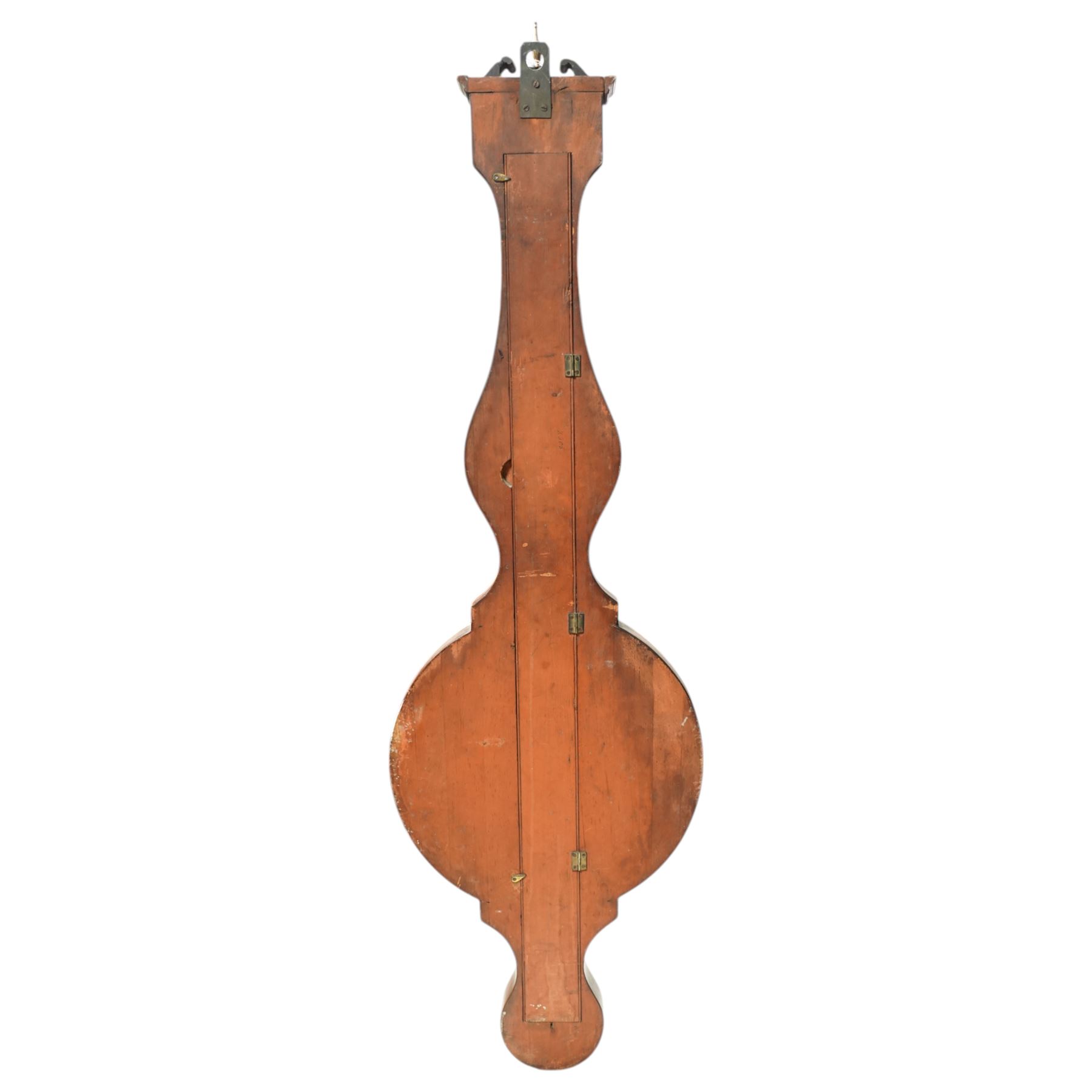 Zanetti of Manchester- late 19th century wheel barometer in a mahogany case with a break arch pediment, brass finial and rounded base, with a hydrometer, spirit bubble and boxed spirit thermometer, 12