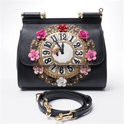 Dolce & Gabbana - 'Sicily Clock’ Medium Bag, from the Fairytale collection (Autumn/Winter 2016), in structured black textured leather, the front elaborately applied with a jewelled clock-face motif and floral embellishments, with top handle and detachable shoulder or crossbody strap, a limited production piece, unused with original box and dust bag