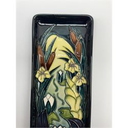 Moorcroft 'Lamia' pattern dish designed by Rachel Bishop, blue ground with lilies and bulrushes, L19.5cm