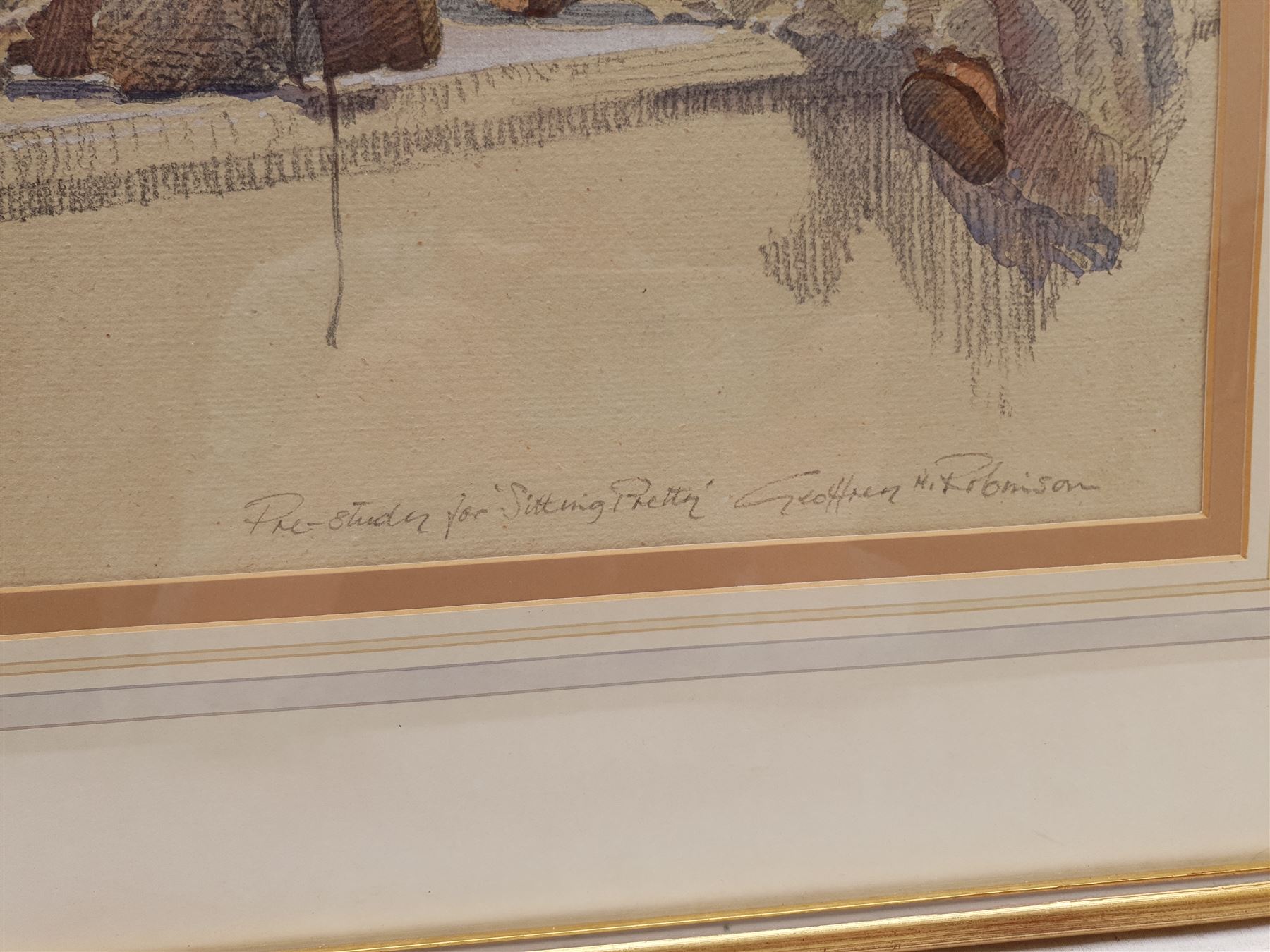 Geoffrey H Robinson (British 1925-): 'Pre-study for Sitting Pretty' - Dolls on a Windowsill, watercolour and pencil signed and titled 36cm x 47cm