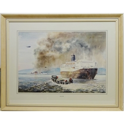  G. F. Overton (British 20th century): 'Ships at War' - The Norland in The Falklands, watercolour signed, titled in the mount 47cm x 68.5cm  