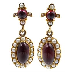  Pair of 20ct gold (tested) cabochon garnet, seed pearl and diamond pendant ear-rings  