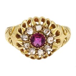 Edwardian 18ct gold ruby and diamond chip cluster ring, Chester 1908