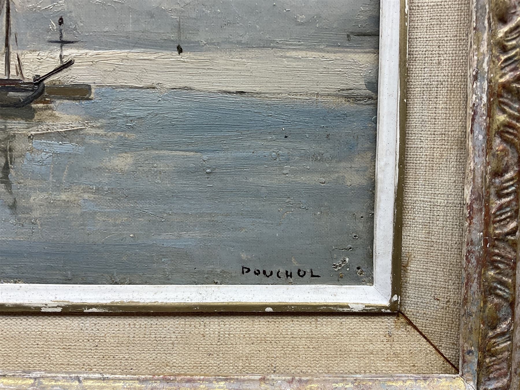 Paul Pouchol (French 1903-1964): 'Les Bateaux du Cinema', oil on canvas signed, titled on labels verso 23cm x 40cm 