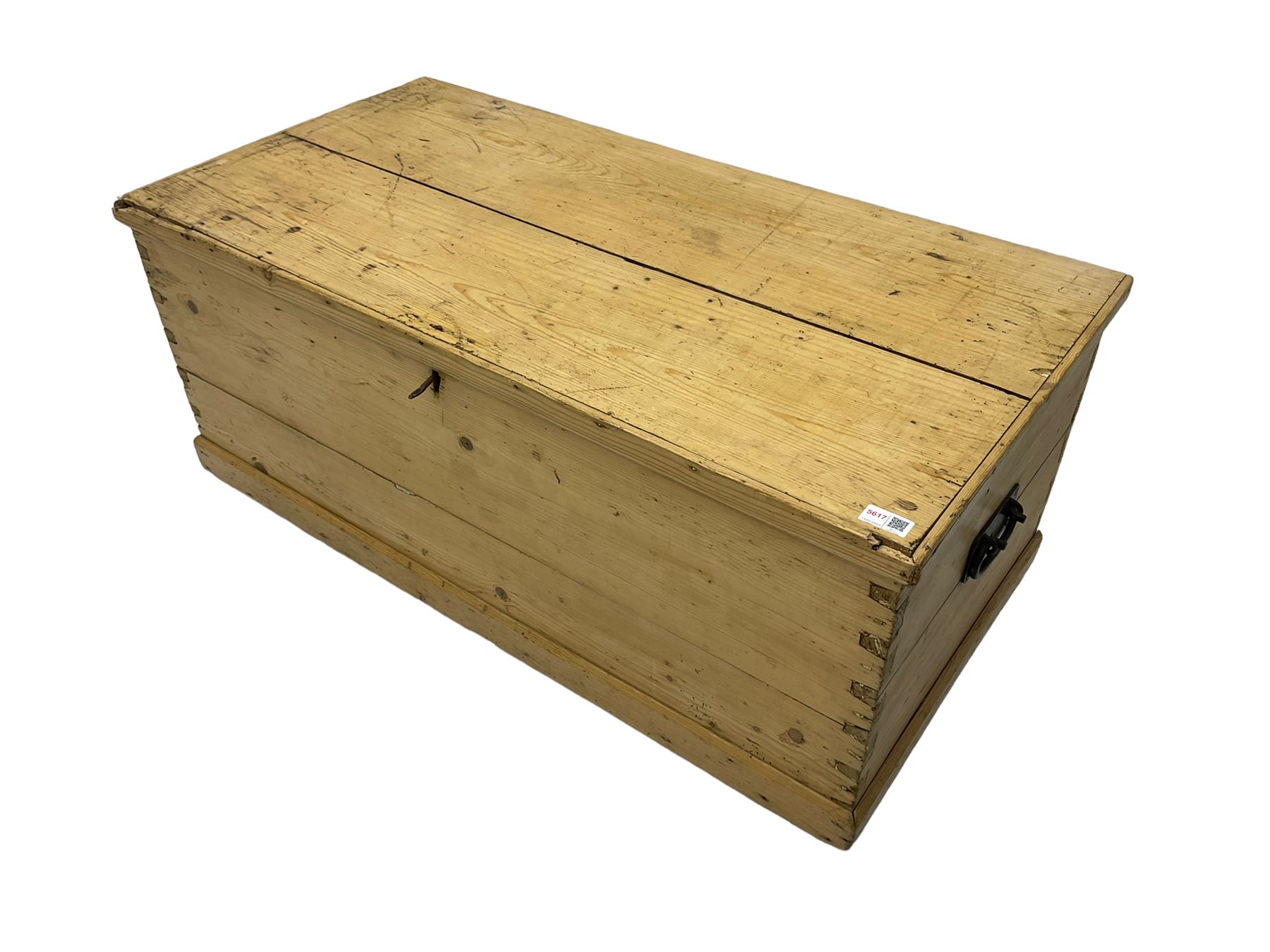 Victorian pine blanket box, hinged lid, with metal carrying handles