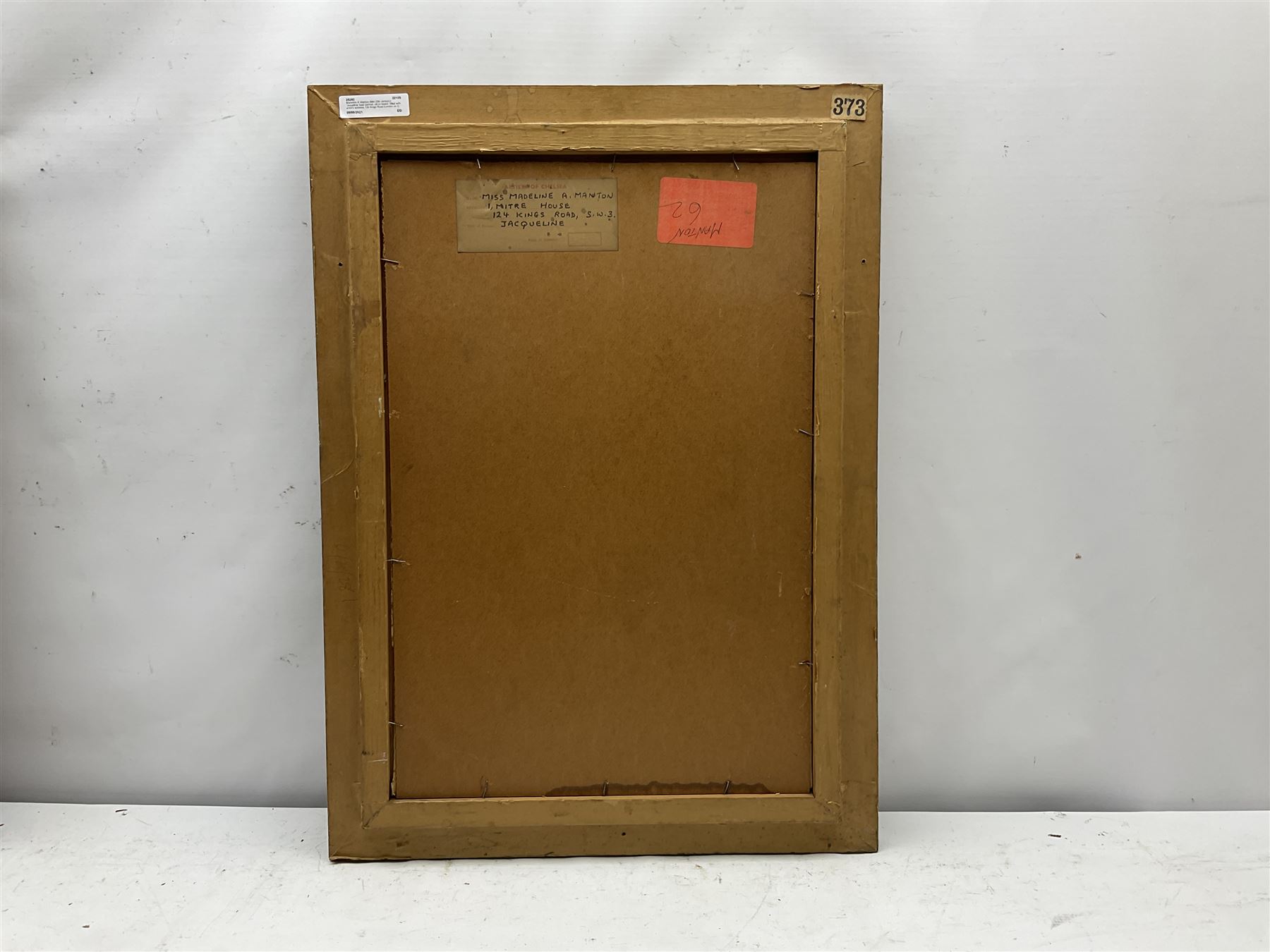 Madeline A Manton (Mid 20th century): 'Jaqueline' bust portrait, oil on board, titled with artist's address 124 Kings Road London on Chelsea Artists exhibition label verso 49cm x 32cm