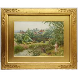 Charles Gregory (British 1850-1920): 'A Bright Way Elstead' - Children Fishing, watercolour signed 39cm x 54cm