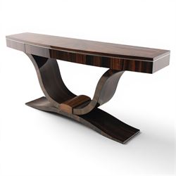Giorgio Collection - Art Deco design macassar ebony 'Luna' console table, rectangular bow-front top with cross-banding and sun-burst veneer, fitted with single drawer, raised on a curved U-shaped base, retailed by Harrods