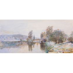 Thomas Walter Wilson (British 1851-1912): Fishermen By the River, watercolour faintly signed 16cm x 34cm;W Smith (British 19th Century): Forest Path, oil on canvas signed and dated '70, 19cm x 39cm (2)