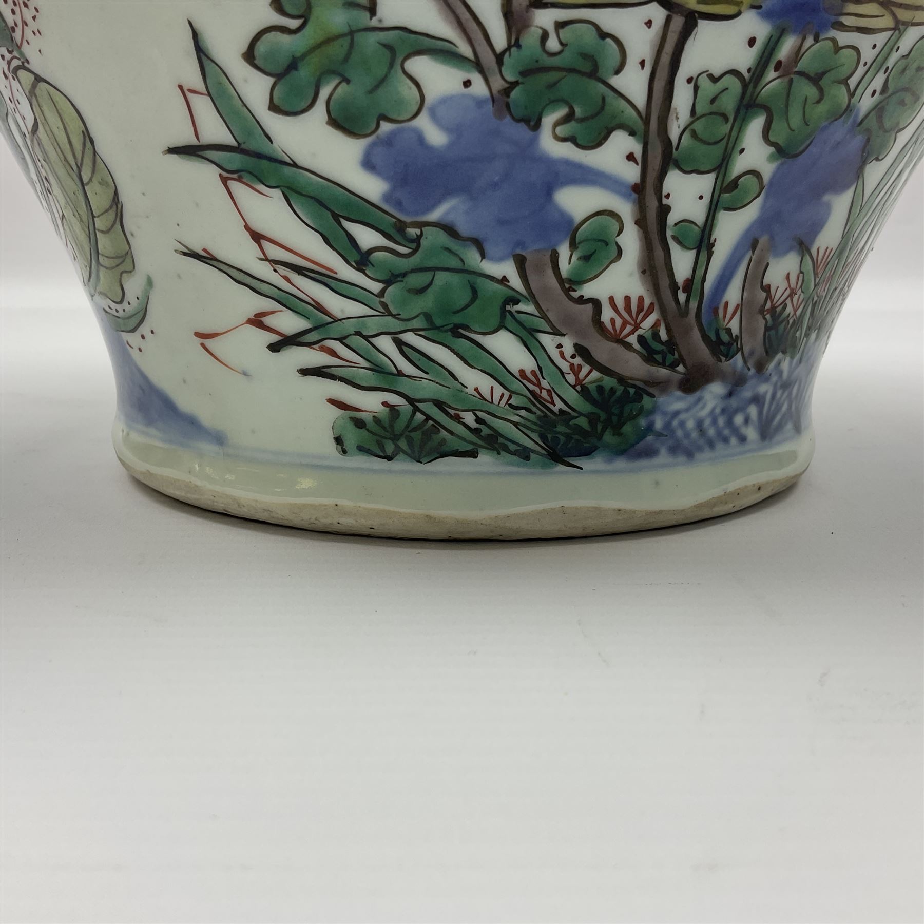 19th century Chinese Wucai vase and cover, decorated  with peacock on blue rockwork and other birds flying amongst tree peonies, H43cm